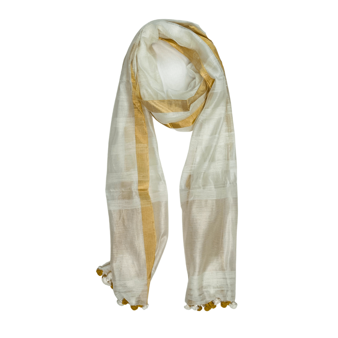Silk & Cotton Shawl – Patterned – Gold w/Tassels